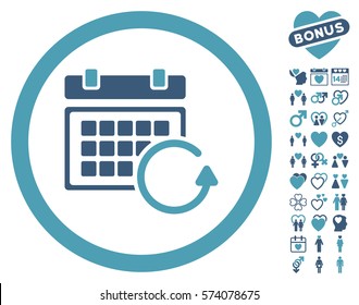 Update Calendar pictograph with bonus passion graphic icons. Vector illustration style is flat rounded iconic cyan and blue symbols on white background.