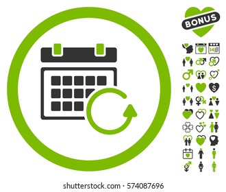 Update Calendar pictograph with bonus passion pictograms. Vector illustration style is flat rounded iconic eco green and gray symbols on white background.
