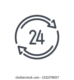 Update clock with 24 line icon. Refresh time vector outline sign.
