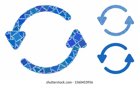 Update composition of tuberous items in variable sizes and color tints, based on update icon. Vector rugged items are grouped into composition. Update icons collage with dotted pattern.