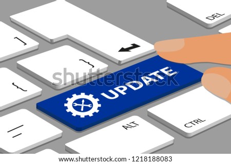 Update Concept - Keyboard With Blue Button And Tool Kit - Computer Or Laptop With Fingers