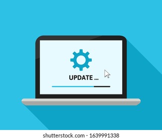 Update concept with loading bar and gear symbol. System or software updating with upgrade progress bar on laptop screen. Vector illustration in flat design.