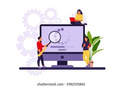 Das Konzept aktualisieren. Programmierer aktualisieren Betriebssystem des Computers. Vektorgrafik. flach