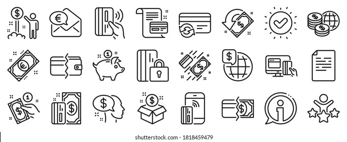 Update credit card, Contactless payment and Piggy bank linear icons. Money wallet line icons. Online payment, Dollar exchange and Fast money send. Private pay, Blocked credit card and Wallet. Vector