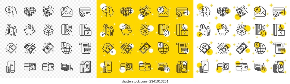 Update credit card, Contactless payment and Piggy bank linear icons. Money wallet line icons. Online payment, Dollar exchange and Fast money send. Private pay, Blocked credit card and Wallet. Vector