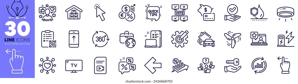Update data, Approved checkbox and Tv line icons pack. Wholesale goods, Global business, Cogwheel web icon. Quick tips, Buying house, Online voting pictogram. Device, Charging station. Vector