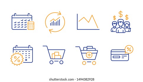 Update data, Calendar discounts and Internet shopping line icons set. Line chart, Salary employees and Add products signs. Calendar, Cashback symbols. Sales statistics, Shopping. Finance set. Vector