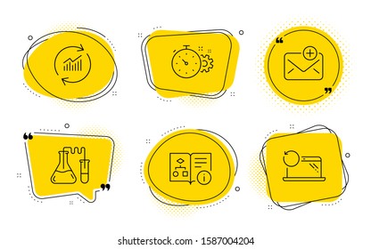 Update data, Cogwheel timer and Recovery laptop signs. Chat bubbles. Technical algorithm, Chemistry lab and New mail line icons set. Project doc, Medical laboratory, Add e-mail. Vector