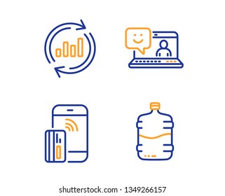 Update data, Contactless payment and Smile icons simple set. Cooler bottle sign. Sales chart, Phone money, Laptop feedback. Water drink. Linear update data icon. Colorful design set. Vector