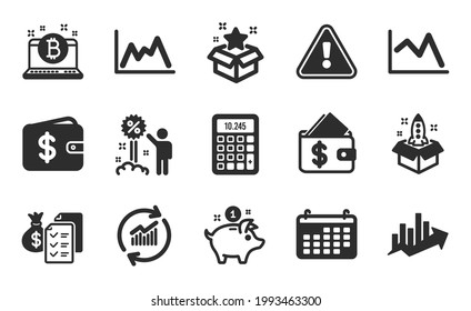 Update data, Loyalty program and Dollar wallet icons simple set. Bitcoin, Calendar and Growth chart signs. Discount, Diagram and Saving money symbols. Calculator, Startup and Wallet. Vector