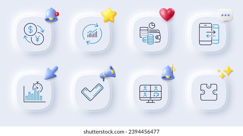 Update data, Puzzle and Phone communication line icons. Buttons with 3d bell, chat speech, cursor. Pack of Currency exchange, Video conference, Report timer icon. Vector