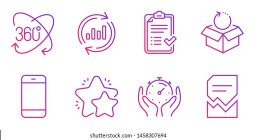 Update data, Smartphone and Return package line icons set. Star, Timer and Approved checklist signs. Full rotation, Corrupted file symbols. Sales chart, Cellphone or phone. Business set. Vector