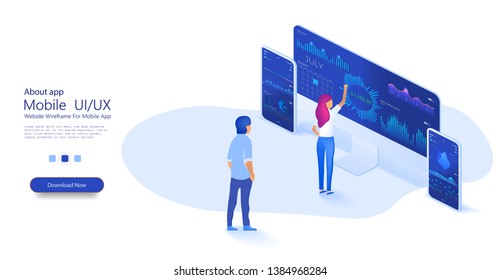Update database statistics. People interacting with graphs and papers  with computer monitor. Can use for web banner, infographics, hero images. 3D vector isometric illustration.