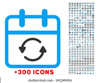 Update Date vector icon with additional 300 date and time management pictograms. Style is bicolor flat symbols, blue and gray colors, rounded angles, white background.