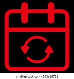 Update Date vector icon. Style is flat symbol, red color, rounded angles, black background.