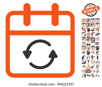 Update Day icon with bonus calendar and time management graphic icons. Vector illustration style is flat iconic bicolor symbols, orange and gray colors, white background.