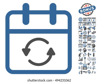 Update Day icon with bonus calendar and time management clip art. Vector illustration style is flat iconic bicolor symbols, cobalt and gray colors, white background.