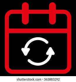 Update Day vector icon. Style is bicolor flat symbol, red and white colors, rounded angles, black background.