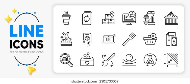 Update document, 5g notebook and Like video line icons set for app include Elastic material, Payment, Augmented reality outline thin icon. Data analysis, Delete purchase. Vector
