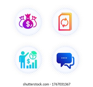 Actualizar el documento, Comprobar la inversión y las estadísticas Seo iconos conjunto simple. Botón con puntos de semitono. Signo de mensaje. Refrescar archivo, informe comercial, gráfico analítico. Burbuja de chat. Conjunto de tecnología. Vector