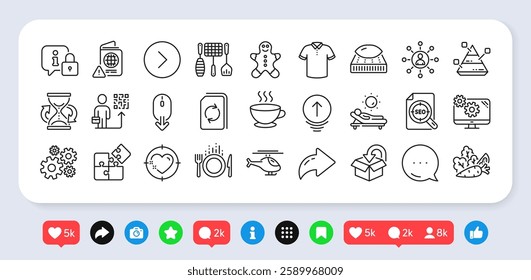 Update document, Vegetables and Return package line icons pack. Social media: share, comment, like icons. Swipe up, T-shirt, Helicopter web icon. Vector