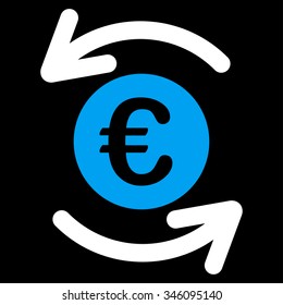 Update Euro Balance vector icon. Style is bicolor flat symbol, blue and white colors, rounded angles, black background.