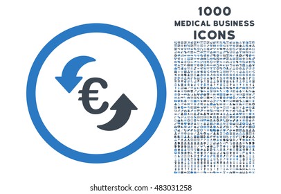 Update Euro rounded vector bicolor icon with 1000 medical business icons. Set style is flat pictograms, smooth blue colors, white background.
