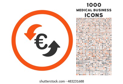 Update Euro rounded vector bicolor icon with 1000 medical business icons. Set style is flat pictograms, orange and gray colors, white background.