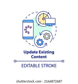 Update existing content concept icon. Upgrade information. Advanced SEO technique abstract idea thin line illustration. Isolated outline drawing. Editable stroke. Arial, Myriad Pro-Bold fonts used