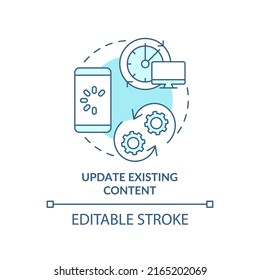 Update existing content turquoise concept icon. Upgrade information. Advanced SEO abstract idea thin line illustration. Isolated outline drawing. Editable stroke. Arial, Myriad Pro-Bold fonts used