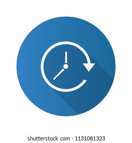 Update flat design long shadow glyph icon. Clockwise. Clock with circle arrow. Vector silhouette illustration