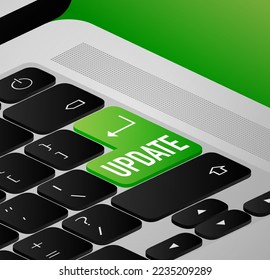 Update green button on white background. Blue banner. Vector illustration