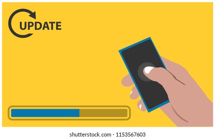 Update with hand held smartphone on the yellow background. Flat vector illustration.