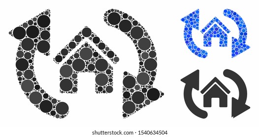 Update house composition of small circles in different sizes and color tinges, based on update house icon. Vector filled circles are composed into blue collage.