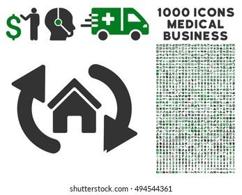 Update House icon with 1000 medical commercial green and gray vector pictographs. Clipart style is flat bicolor symbols, white background.