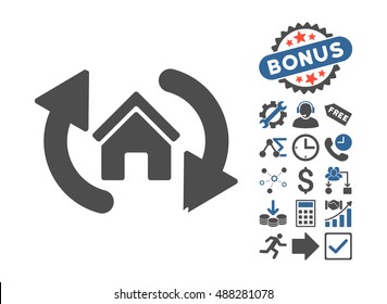 Update House icon with bonus pictures. Vector illustration style is flat iconic bicolor symbols, cobalt and gray colors, white background.