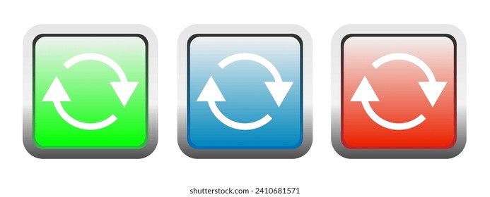 Icono de actualización, icono de cambio en el botón cuadrado. Símbolo de flecha atrás. Signo de actualización.