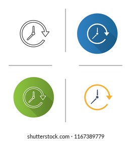 Update icon. Clockwise. Clock with circle arrow. Flat design, linear and color styles. Isolated vector illustrations