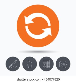Update icon. Refresh or repeat symbol. Speech bubbles. Pen, hand click and chart. Orange circle button with icon. Vector