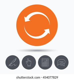 Update icon. Refresh or repeat symbol. Speech bubbles. Pen, hand click and chart. Orange circle button with icon. Vector