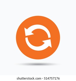 Update icon. Refresh or repeat symbol. Orange circle button with flat web icon. Vector