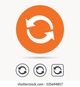 Update icon. Refresh or repeat symbol. Orange circle button with web icon. Star and square design. Vector