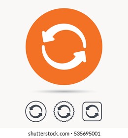 Update icon. Refresh or repeat symbol. Orange circle button with web icon. Star and square design. Vector