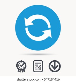 Update icon. Refresh or repeat symbol. Achievement check, download and report file signs. Circle button with web icon. Vector