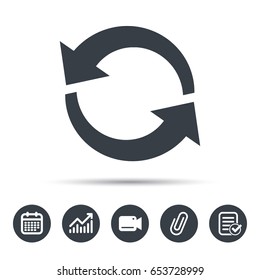 Update icon. Refresh or repeat symbol. Calendar, chart and checklist signs. Video camera and attach clip web icons. Vector