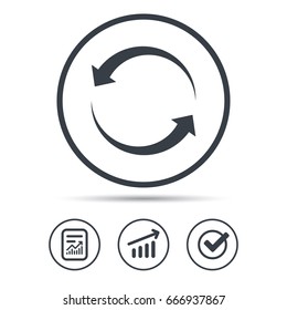 Update icon. Refresh or repeat symbol. Report document, Graph chart and Check signs. Circle web buttons. Vector