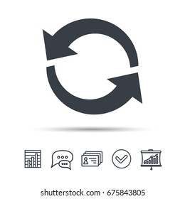 Update icon. Refresh or repeat symbol. Chat speech bubble, chart and presentation signs. Contacts and tick web icons. Vector