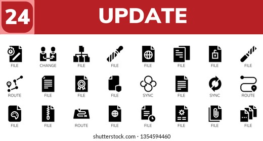 update icon set. 24 filled update icons.  Collection Of - File, Change, Route, Sync