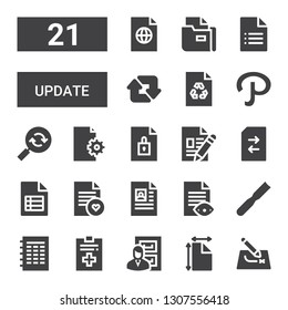 update icon set. Collection of 21 filled update icons included Route, File, Files, Change, Reload, Path, Retweet