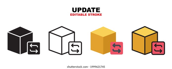 Update icon set with different styles. Icons designed in filled, outline, flat, glyph and line colored. Editable stroke and pixel perfect. Can be used for web, mobile, ui and more.